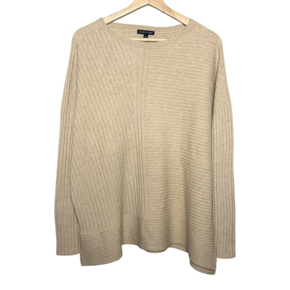 Eileen Fisher Old Money Quiet Luxury Cashmere Ribbed Sweater Beige XL Minimalist